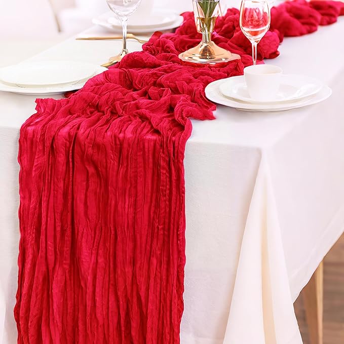 10-Pack Red Cheesecloth Table Runners – 10FT (35x120 Inch) Boho Rustic Gauze Fabric Cheese Cloth Table Runner for Weddings, Baby Showers, Bridal Shower, Farmhouse & Birthday Party Decor