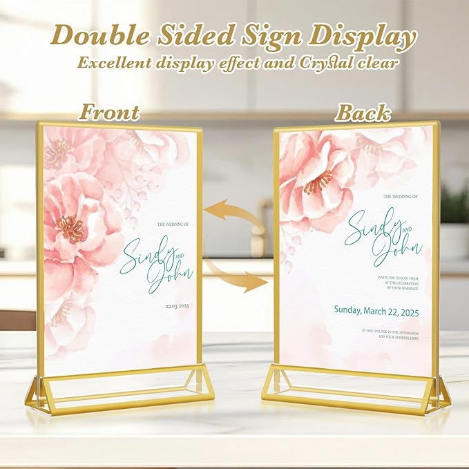 Gold Acrylic Sign Holder 5x7, 16 Pack Wedding Gold Frame Table Number Holders Vertical, Clear Picture Frames Flyer Stands Tables Menu Holder, Double Photo Paper Display Holder for Party, Home, Office