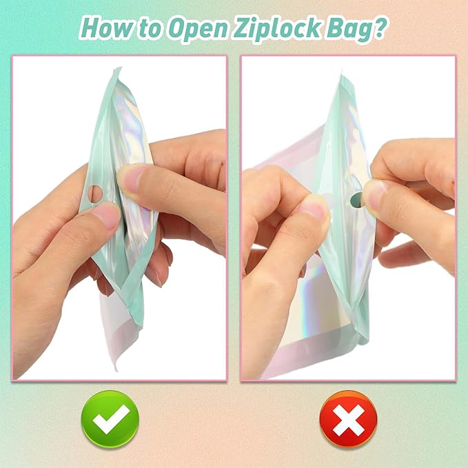Funfery 100 Pack Gradient Holographic Bags,Mylar Resealable Bags with Zipper,Clear Window Packaging Pouchs,Smell Proof Foil Bag for Food Storage,Sample Jewelry Baggies(4.7×7In,Green Pink)