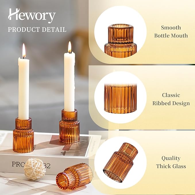 Hewory Glass Taper Candle Holders: 20 PCS Amber Elegant Candle Holder Candlestick Holders Bulk, Ribbed Glass Candle Holder Candle Sticks Holder Decor for Table Centerpiece Fall Thanksgiving Home Decor