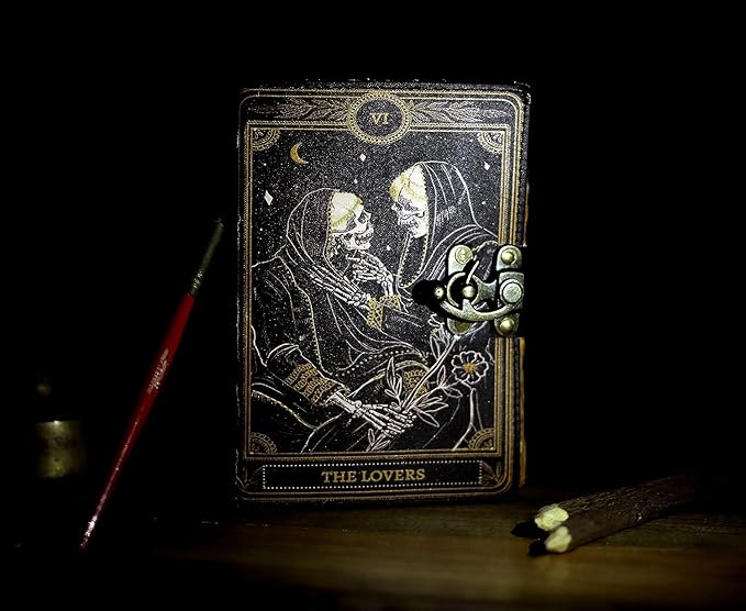 C CUERO Book of Spells Leather Journal Deckle Edge Paper Grimoire Printed Journal The Lovers Tarot Notebook Spiral Gothic Notebook Skull lover Antique Vintage Leather Journals for Men and Women (6 * 8