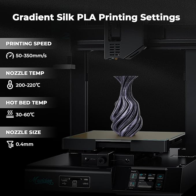 AMOLEN Silk PLA 3D Printer Filament, Dual Color Black Silver PLA 1.75mm, Shiny Color Change Filament 3D Printing PLA Filament for Most FDM 3D Printer, 1kg Spool(2.2lbs)
