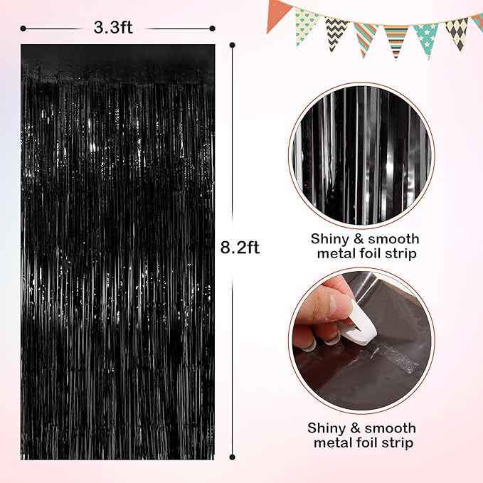 Black Metallic Tinsel Foil Fringe Curtains, 2 Pack 3.3x8.3 Feet Party Streamer Curtains for Birthday Party Decorations, Halloween Decor, Foil Curtain Backdrop for Bachelorette Party