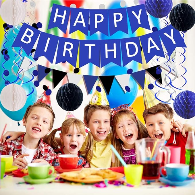 FECEDY Navy Blue White Black Happy Birthday Banner&Cute Flag Bunting Paper Circle Confetti Garland Swirl Streamers Honeycomb Ball for Birthday Party Decorations