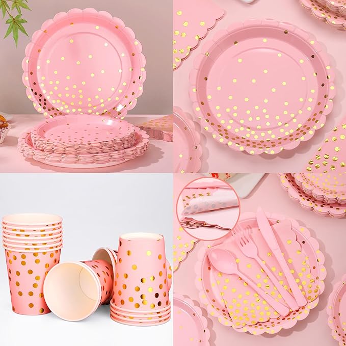175 Pink Rose Gold Plates Napkins Party Decorations, Pink and Gold Disposable Party Supplies, Plastic Forks Knives Spoons Rose, Golden Dot Paper 9 Inch for Baby Shower Birthday, Severs 25