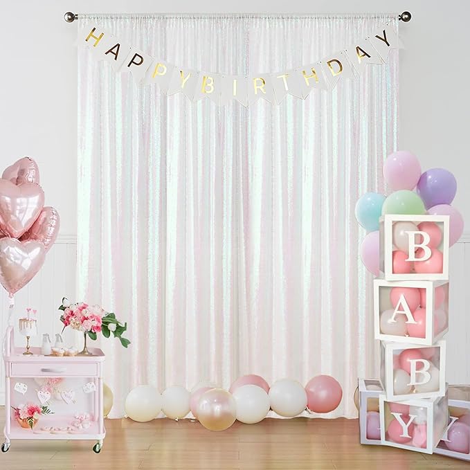 Sugargirl White Iridescent Sequin Backdrop Curtain 4 Panels 2FTx8FT Glitter White Iridescent Background Drapes Sparkle Photography Backdrop for Party Wedding Birthday Wall Decoration