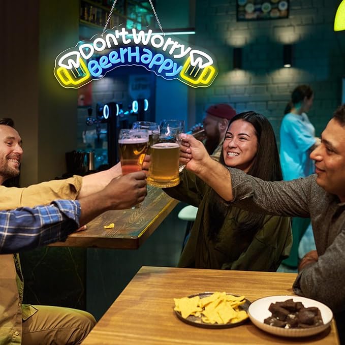 Don't Worry Beer Happy Neon Sign,Bar Sign,Beer Neon Sign,USB Powered with Dimmable Switch,Neon Signs for Wall Decor for Bar,Club,Party,Neon Signs for Man Cave
