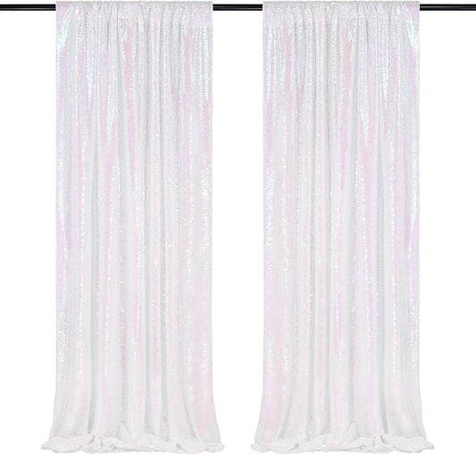 White Iridescent Sequin Backdrop 2 Panels 2FTx8FT Unicorn Backdrop Curtains Glitter Party Backdrop for Girls Birthday Decorations
