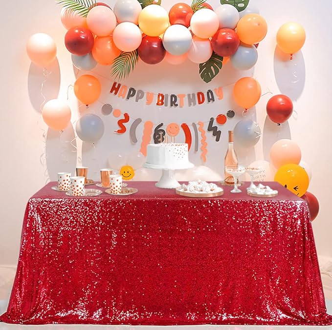 QueenDream Sequin Tablecloth 90"x156" Red Tablecloth Rectangular Party Tablecloth for Christmas Wedding Birthday Bridal Shower Decorations