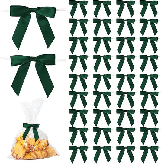 50Pcs Hunter Green Twist Tie Bows for Gift Wrapping 2.5" Satin Ribbon Bow for Treat Bags Cake Balloons Birthday Party Favors Wedding Decorations