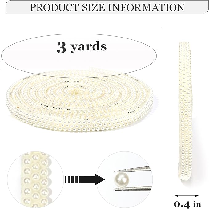 Off-White Pearls Ribbon 3 Yards Self Adhesive Pearls Strips Diamond Ribbon Sticker Crystal Roll Glitter Bling Rhinestones Tape for Crafting DIY Art Decoration (0.4 Inch)