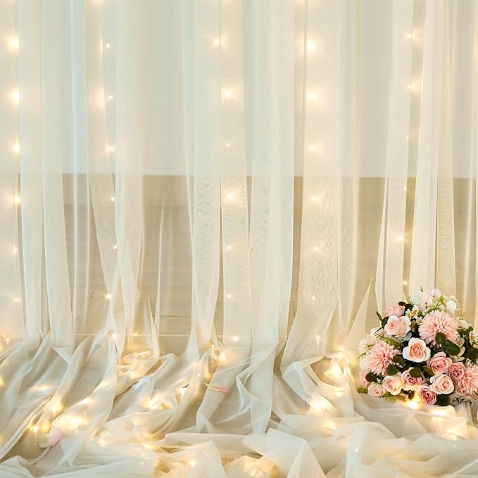 20ft x 10ft Ivory Tulle Photo Backdrop Curtain with Lights String for Parties Wedding Sheer Ivory Curtain Backdrop for Birthday Party Bridal Shower Photo Booth Photography Background Decorations