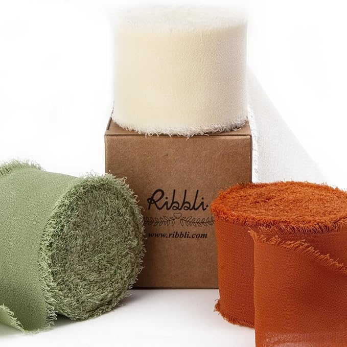 Ribbli Fall Ribbon 1.5 inch x 30 Yard Handmade Silk, Ivory/Dusty Sage/Terracotta Fringe Chiffon Ribbon for Wedding Invitations, Bridal Bouquets Wrapping, Flower Arrangement Decoration