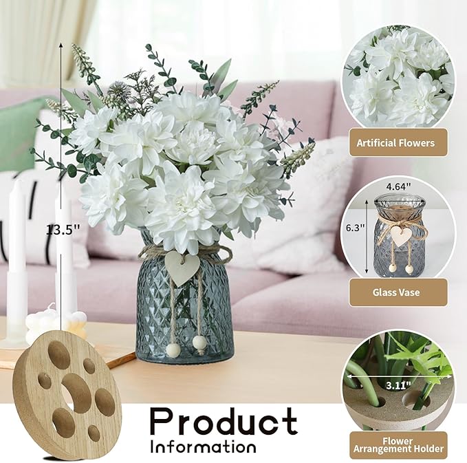 Fake Flowers in Vase,8 Dahlias,Silk Artificial Flowers in Vase,Centerpiece Table Decorations,Coffee Table Decor,Faux Flowers in Vase with a Flower Arrangement Holder