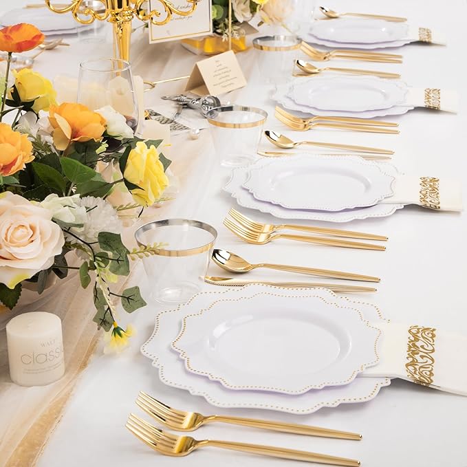 COLOSUS 175pcs Plastic Party Plates Disposable Plastic Dinnerware set. 25guests White Gold Dinner & Dessert Plates with Silverware Cups and Napkins for Party Dinner and Wedding