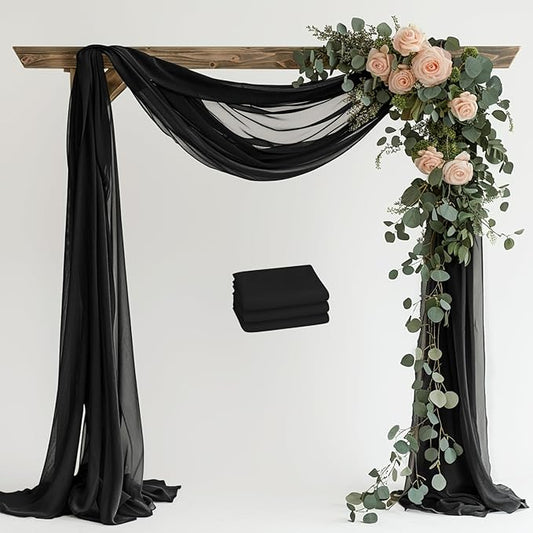 Wedding Arch Draping Fabric 3 Panels 28.7" x 20FT Black Sheer Chiffon Backdrop Drapes for Wedding Ceremony Birthday Party Bridal Shower Outdoor Decoration