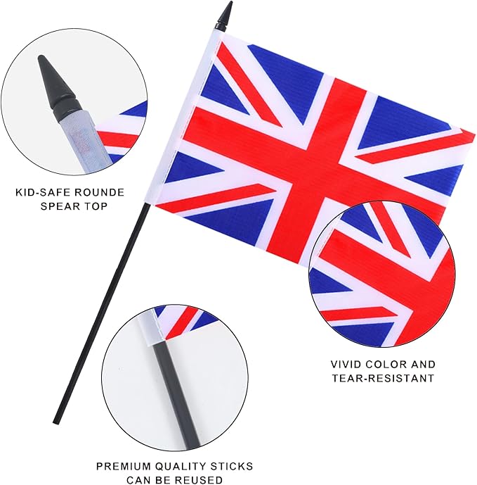 United Kingdom Desk Flag 12" Solid Pole Deluxe Set UK Flags Banner Mini Small Britisher Office Table Flags with Black Stand Base Desktop Decorations(2Pack)