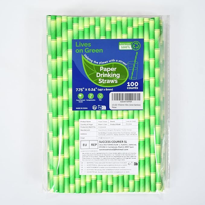 Paper Straws for Drinking Green Bamboo, 7.75" x 0.24" - for Cocktail, Juice, Iced Tea, 100% Biodegradable