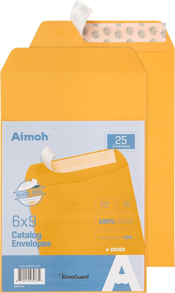 Aimoh 25 6x9 Self Seal Brown Kraft Catalog Envelopes - 28lb, 25 Count, Ultra Strong Quick-Seal, 6 x 9 inch (38369)