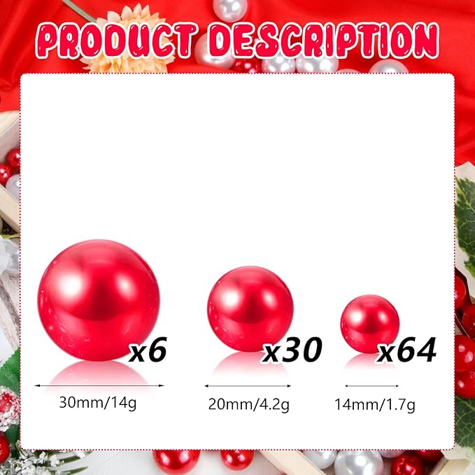 100PCS Watermelon Red Faux Pearls Beads for Centerpiece Vases, Vase Filler Faux Pearls, No Holes Filler Beads for Party Anniversary Birthday Wedding Table Decor, 14/20/30mm
