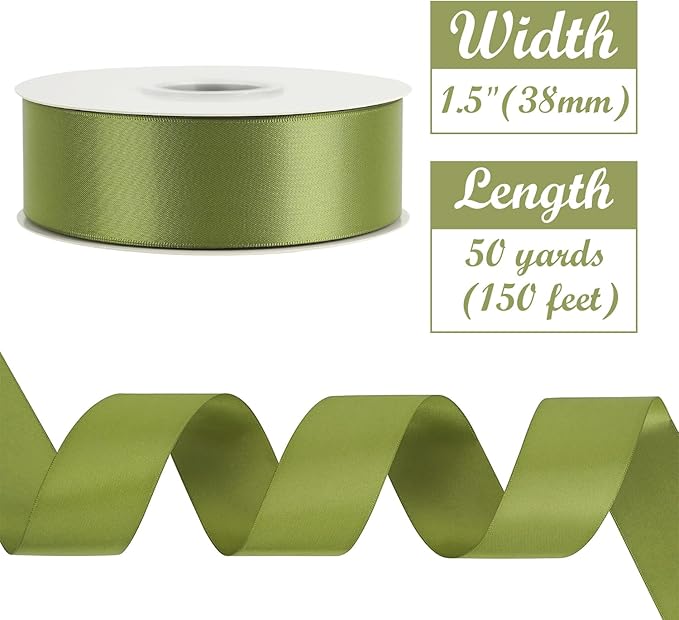 HUIHUANG Olive Green Polyester Satin Ribbon 1.5 inch x 50 Yards for Gift Wrapping, Bows, Flower Bouquet, Wedding, Christmas, Crafts