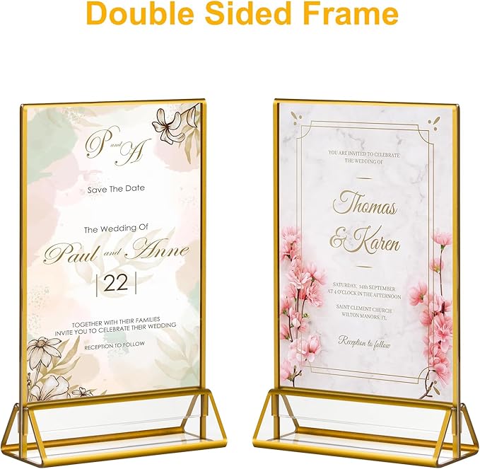 6 Pack Acrylic Sign Holder with Gold Borders, 5x7'' Double-Sided Menu Stands Clear Picture Frames for Restaurant Menu Signs, Wedding Table Numbers, Exhibition & Art Display
