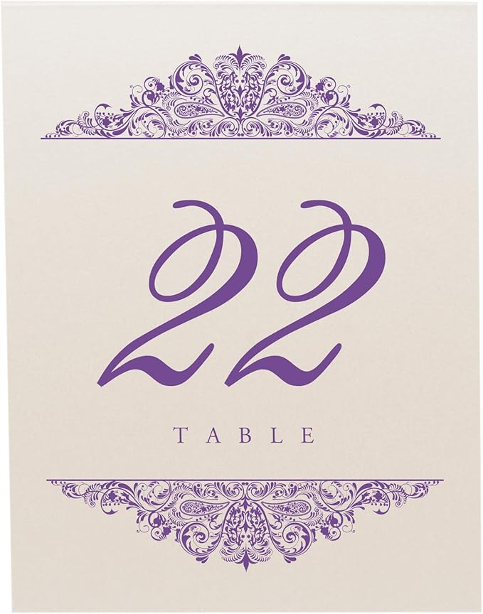 Paisley Wedding Table Numbers (Select Color/Quantity), Champagne, Purple, 1-150, Double Sided, Tent or Use in a Stand, Great for Parties & Restaurants - Made in the USA