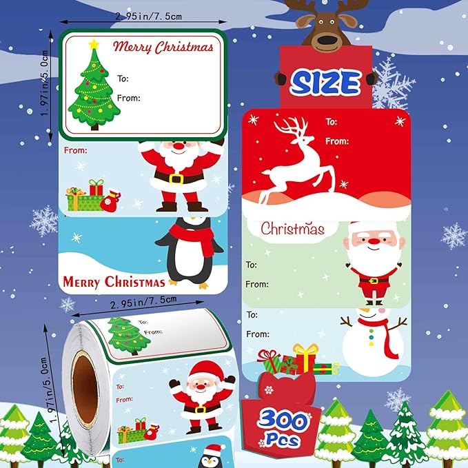 300PCS Christmas Gift Tags Stickers, Self-Adhesive Christmas Name Tags for Gifts Wrappings Christmas Gift Labels Stickers for Presents Boxes Bags Envelopes