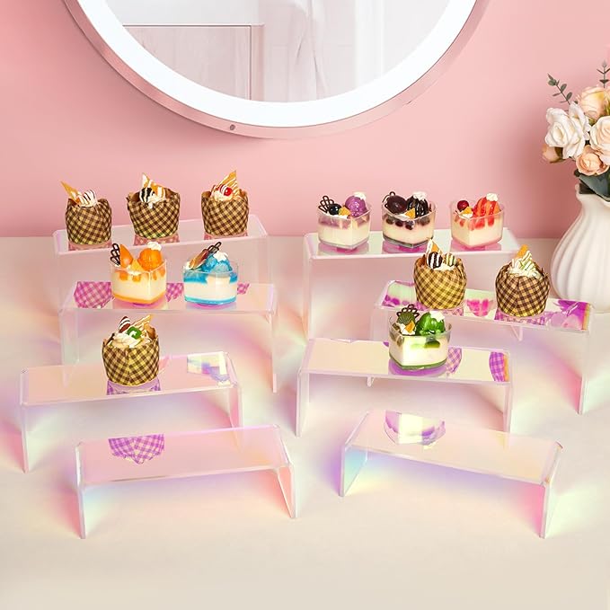Iridescent Acrylic Display Risers, 8pcs Rainbow Display Stand Rectangular Stands Showcase Transparent Display Shelf for Dessert Cupcake Collectibles Figures Jewelry Perfume (Iridescent-8pcs)