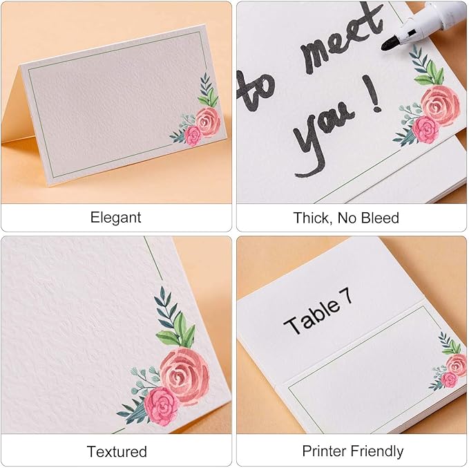 100Pcs Place Cards, Elegant Table Cards with Floral, Rustic Texture Seating Cards, Kraft Paper Name Cards, Perfect for Weddings, Dinner Parties, Banquets, Events, 2 x 3.5 inches