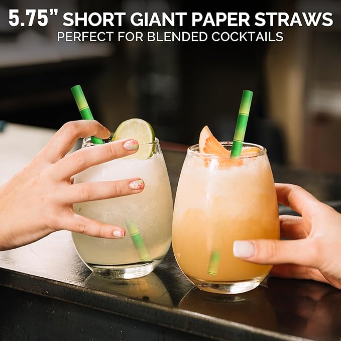 5.75" x 0.31" Green Bamboo Disposable Paper Drinking Straws for Short Drinks, Blended Cocktails, Margaritas, Smoothies, Milkshakes - Unwrapped [250 Counts]