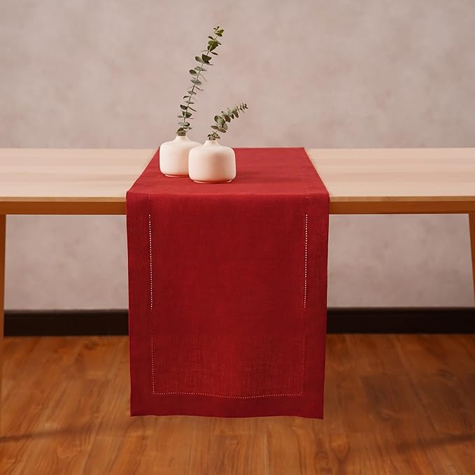 Linen Table Runner 14 x 120 Inch Long - 100% Pure Linen Christmas Red Table Runner - Cloth Fabric Hemstitch Runner for Thanksgiving, Christmas, Winter, New Year - Elara