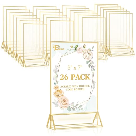 EHWINE 26 Pack 5×7 Clear Acrylic Sign Holder with Gold Borders and Vertical Stand, Double Sided Table Menu Holders Picture Frames for Wedding Table Numbers, Restaurant Signs, Photos and Art Display