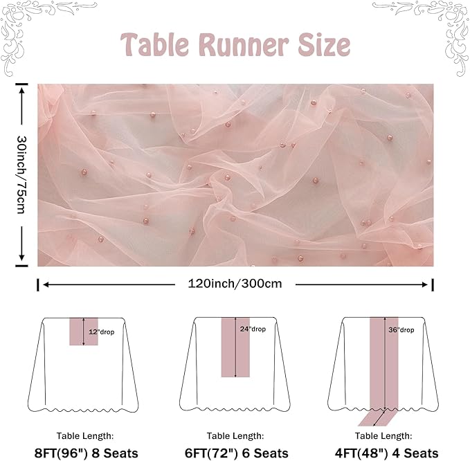 Fanami 1 Pack Pearl Table Runner -10FT Dusty Pink Boho Tulle Table Runners 120 Inches Long Rustic Sheer Lace Fabric Centerpieces for Wedding Arch Birthday Party Bridal Veil Baby Shower Decorations