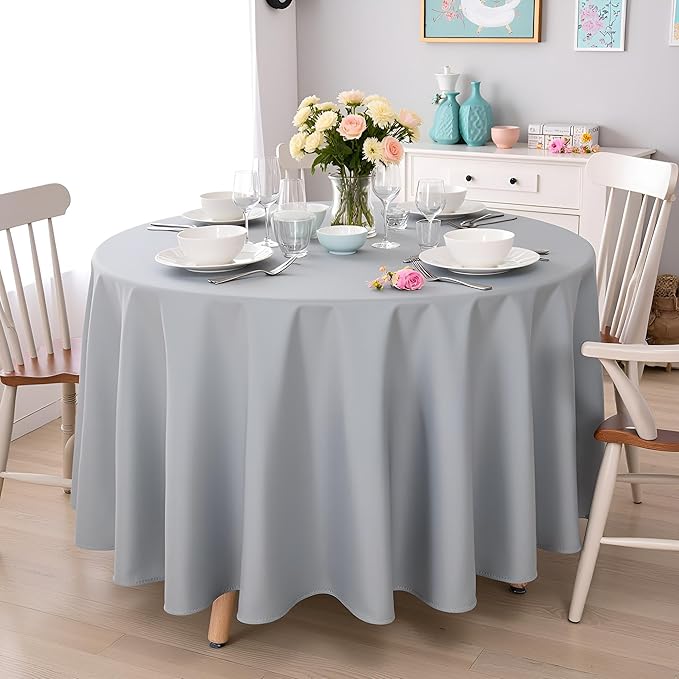 sancua Round Tablecloth - 90 Inch - Water Resistant Spill Proof Washable Polyester Table Cloth Decorative Fabric Table Cover for Dining Tables, Buffet Parties and Camping, Silver Grey