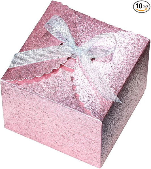 WEWILUCK Pink Glitter Gift Boxes – Foldable Paper Boxes with Ribbon-Tied Lids, Set of 10, Sparkly Present Boxes for Weddings, Bridesmaids, Birthdays, Baby Showers, Party(4.75x4.75x3.53)