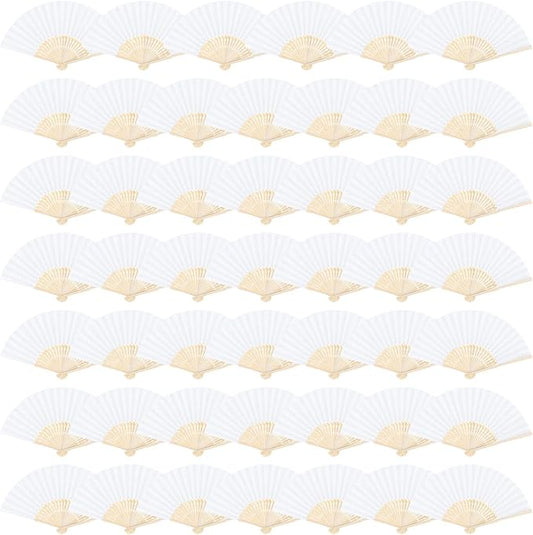 Aneco 48 Pieces Handheld Paper Fans Paper Folding Fans with Bamboos for Wedding Gift, Party, Home, DIY, White