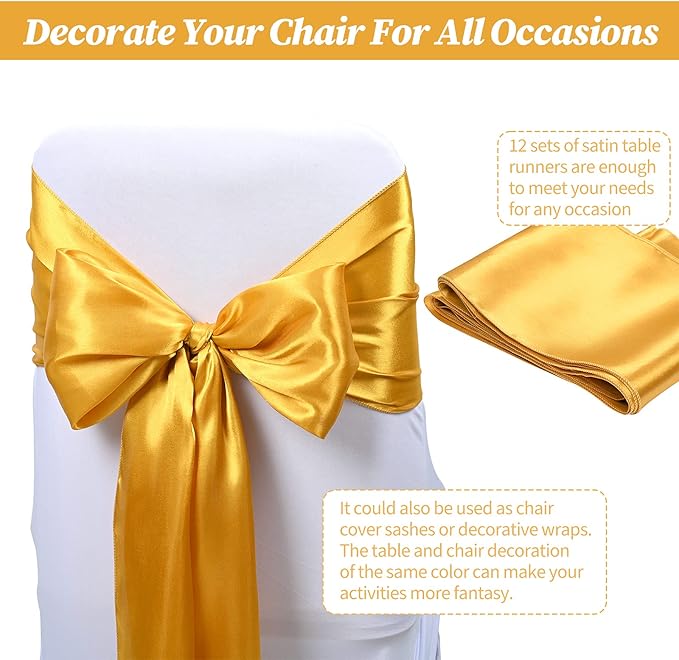 20 Pack Gold Satin Table Runner,12 x 108 inch Long Premium Smooth Gold Table Runners for Wedding, Banquets, Birthday, Party, Engagements,Table Runners fit Rectangle and Round Table