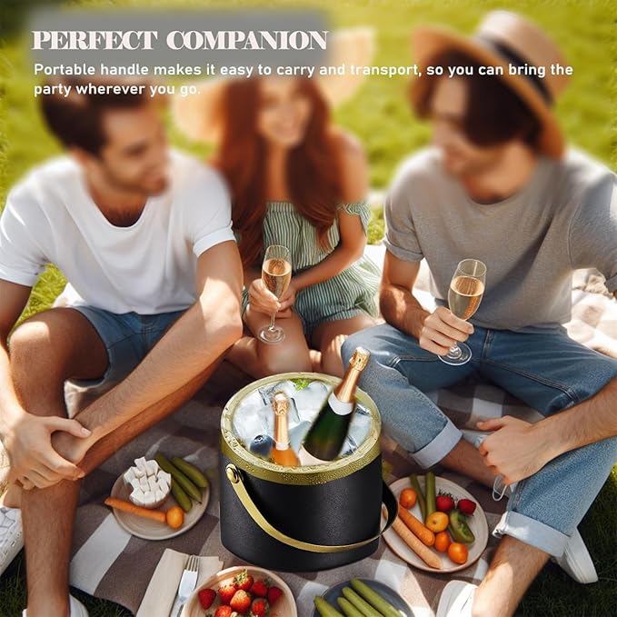 Ice Bucket with Lid, Handle and Tong Black Gold Insulated Stainless Steel Champagne Bucket 2L Wine Bucket for Party Bar Cart Accessories Large Double Wall Bucket Keep Frozen