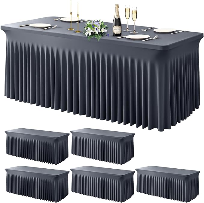 Wish Care 6 Pack Gray Spandex Table Clothes for 6 Foot Rectangle Tables, 6FT Wrinkle Free Fitted Tablecloths Ruffles Design Table Cover for Party, Banquet, Wedding and Events