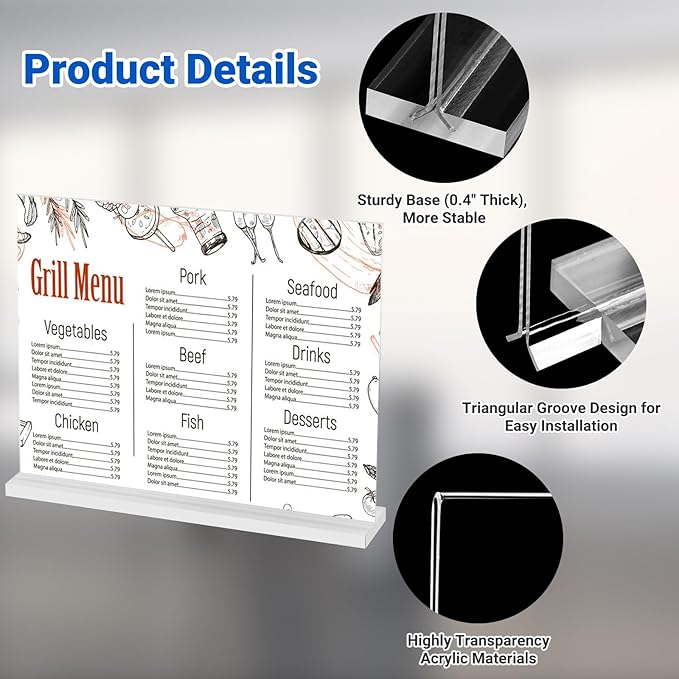 10 Pack Acrylic Sign Holder 11 x 8.5 Horizontal, Double-Sided Clear Sign Holder Plastic Stands for Display, T Shape Acrylic Table Sign Stands for Office Store Restaurants Wedding Party Decoration