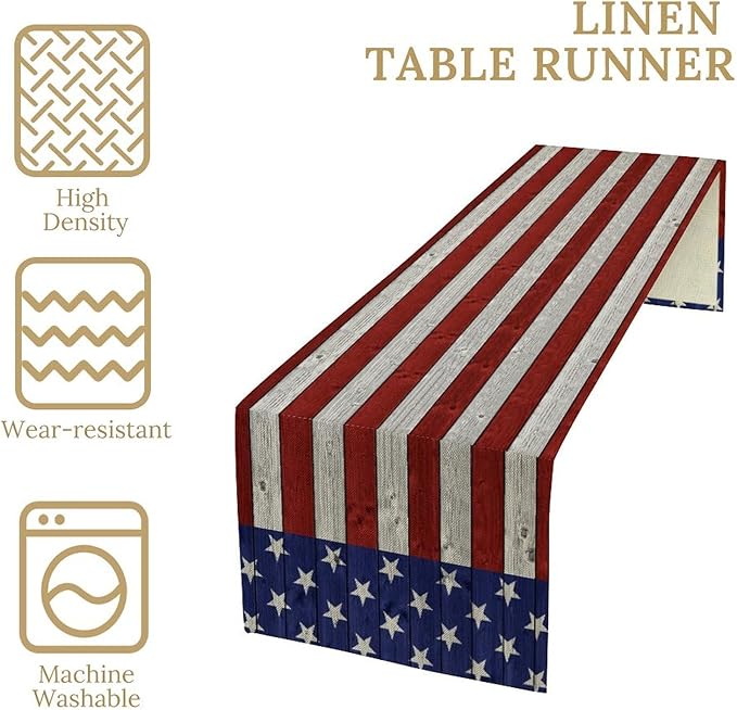 American Flag Table Runner, 4th of July USA Rustic Vintage Wooden Blue Red Stars Stripes Print Table Runner for Farmhouse Kitchen Dining Table Decor, 13x60inch