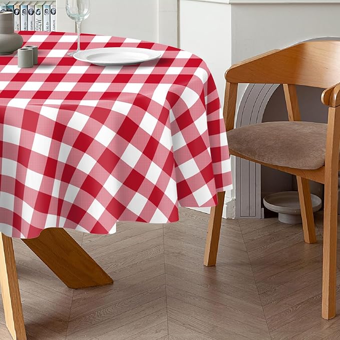 QIKSION Red Gingham Round Tablecloth 3 Pack, 84 Inch Plastic Checkered Table Cover Disposable for Parties