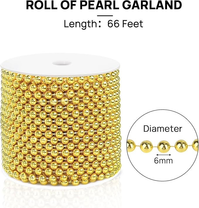 Craft String Pearls 6MM Pearl Bead, 66 Feet Gold Faux Pearl Garland Spool Roll Strand Wedding Party Decoration, Christmas Tree Decorations
