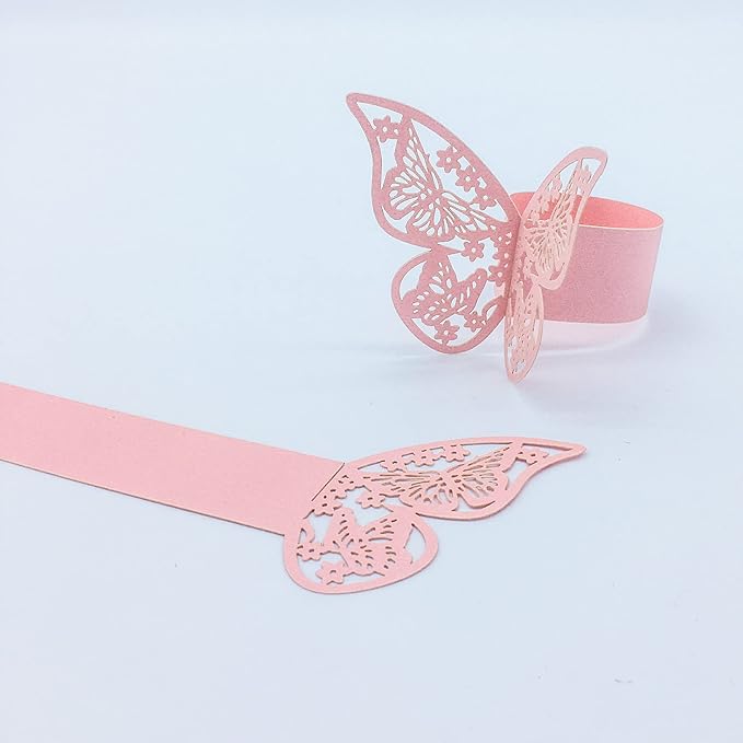 Butterfly Pink Paper Napkin Rings Set of 100 pcs，3D Laser Cut Foil Cutout Paper Napkins Holder,Disposable Serviette Rings for Tables,Decorations,Wedding,Dinner,Party Decor