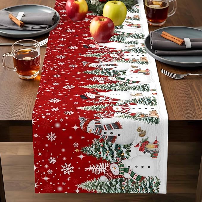 Christmas Snowman Cotton Linen Table Runner for Dining Kitchen, Xmas Tree White Snowflakes Winter Wedding Outdoor Party Tablerunners Decoration, Dresser Scarf Coffee Tablecloth Runners 13x70 Inches