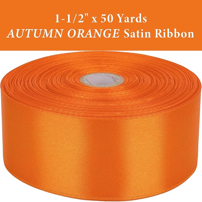 1-1/2 Inch Autumn Orange Satin Ribbon 50 Yards Solid Fabric Ribbons for Gift Wrapping, Crafts, Floral Arrangements, Wedding, Party, Holiday and Home Decor