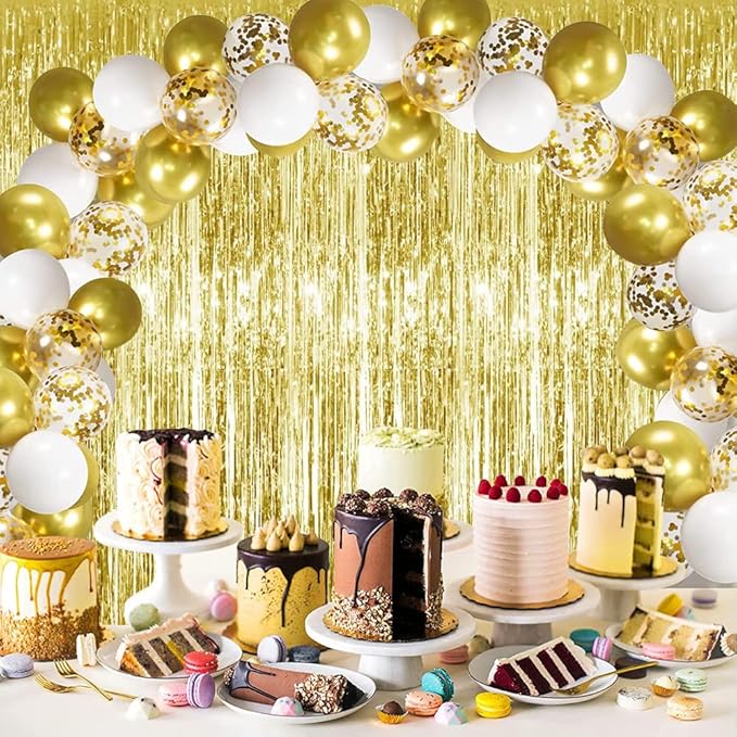 3Pcs Gold Metallic Tinsel Foil Fringe Curtains,3.28ft x 6.56ft Gold Photo Booth Backdrop Streamer Curtain,Photo Booth Props,Ideal Bachelorette Party Supplies, Birthday, Christmas,New Year Decorations
