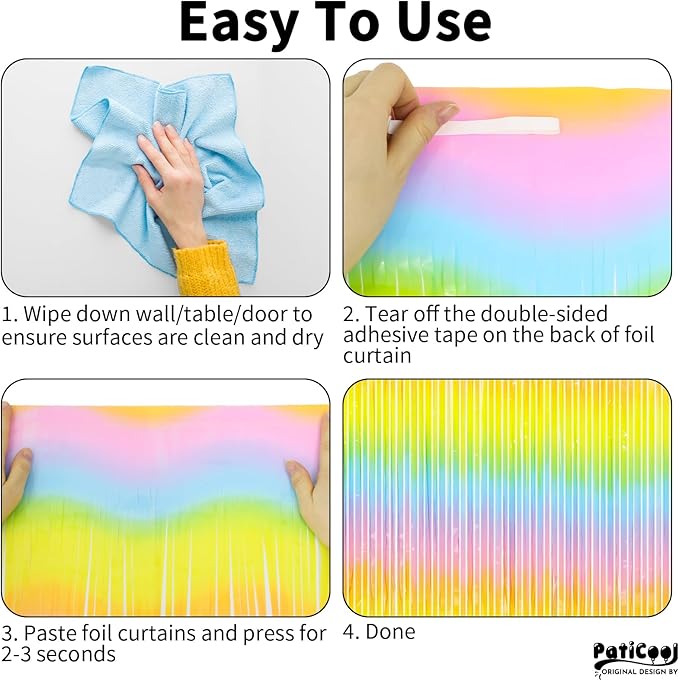 Easter Decorations Pastel Rainbow Streamers - Thicken 4 Pack 3.2 x 8.2 FT - Pastel Rainbow Foil Fringe Curtains, Pastel Backdrop for Birthday, Baby Shower, Spring Party Decorations