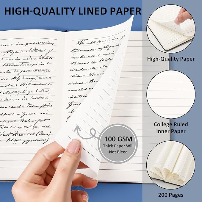Lined Journal Notebook for Women Men, 200 Pages A5 Hardcover Leather Journals 5.7” x 8.3”, A5 College Ruled Notebooks with 100 GSM Thick Paper for Writing,Travel,School,Office,Work,Business(Black)